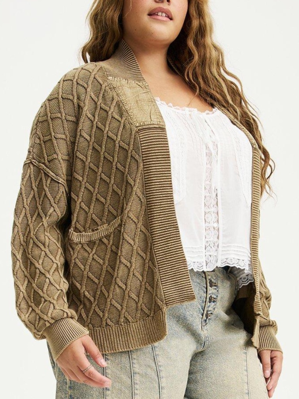 Festi - Drop Shoulder Cable Stitch Washed Cotton Green Cropped Cardigan - 2X
